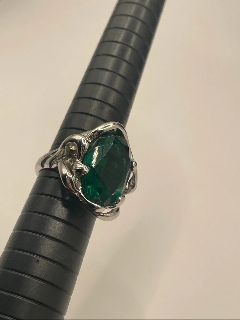Sterling-Inspired Silver Ring with Emerald Green Gemstone